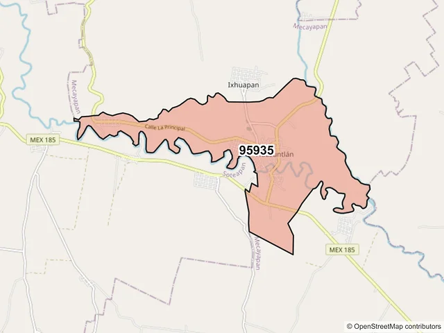 Mapa del código postal 95935, Mecayapan, Veracruz de Ignacio de la Llave