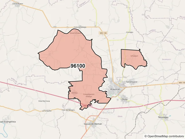Mapa del código postal 96100, Acayucan, Veracruz de Ignacio de la Llave