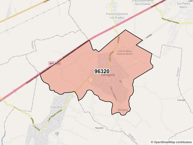 Mapa del código postal 96320, Zaragoza, Veracruz de Ignacio de la Llave