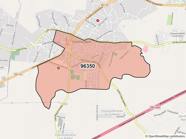 Mapa del código postal 96350, Cosoleacaque, Veracruz de Ignacio de la Llave
