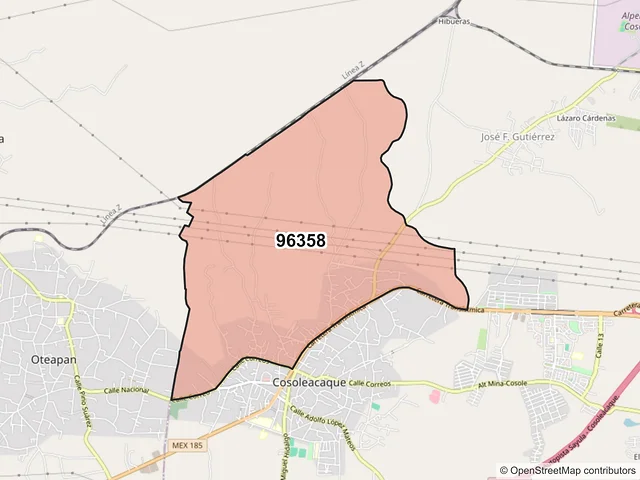 Mapa del código postal 96358, Cosoleacaque, Veracruz de Ignacio de la Llave