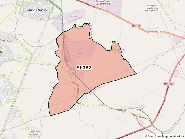 Mapa del código postal 96362, Nanchital de Lázaro Cárdenas del Río, Veracruz de Ignacio de la Llave