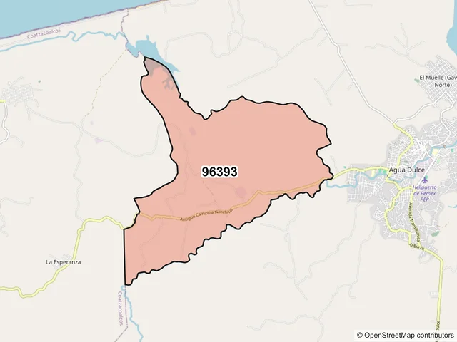 Mapa del código postal 96393, Agua Dulce, Veracruz de Ignacio de la Llave