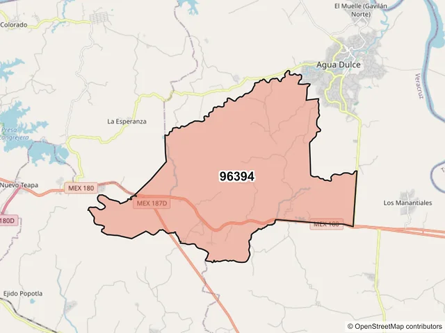 Mapa del código postal 96394, Agua Dulce, Veracruz de Ignacio de la Llave