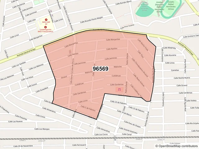 Mapa del código postal 96569, Coatzacoalcos, Veracruz de Ignacio de la Llave