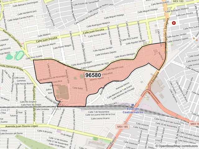 Mapa del código postal 96580, Coatzacoalcos, Veracruz de Ignacio de la Llave