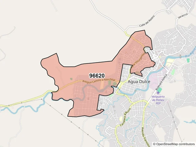 Mapa del código postal 96620, Agua Dulce, Veracruz de Ignacio de la Llave