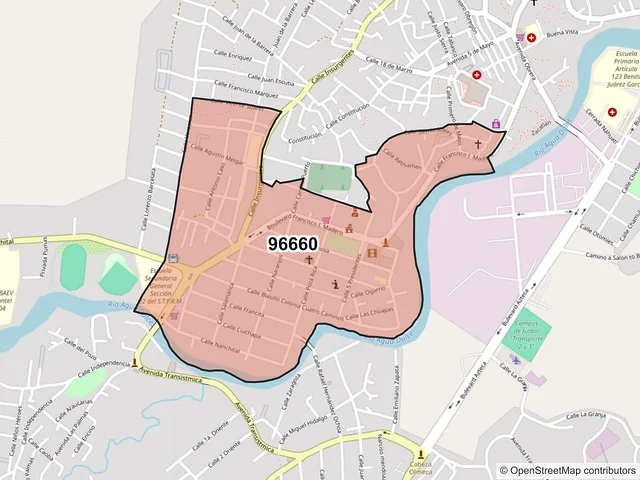 Mapa del código postal 96660, Agua Dulce, Veracruz de Ignacio de la Llave