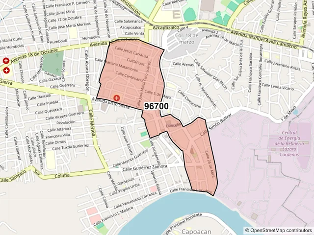 Mapa del código postal 96700, Minatitlán, Veracruz de Ignacio de la Llave