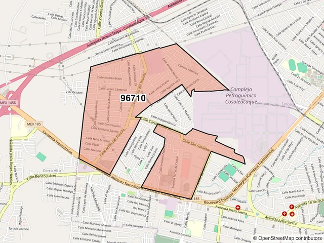 Mapa del código postal 96710, Minatitlán, Veracruz de Ignacio de la Llave