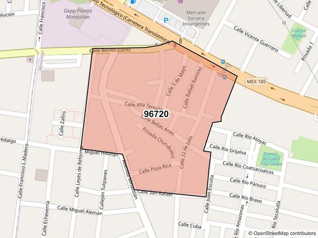 Mapa del código postal 96720, Minatitlán, Veracruz de Ignacio de la Llave
