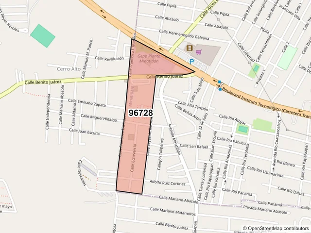 Mapa del código postal 96728, Minatitlán, Veracruz de Ignacio de la Llave