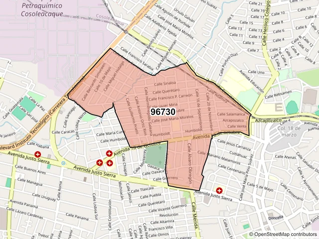 Mapa del código postal 96730, Minatitlán, Veracruz de Ignacio de la Llave