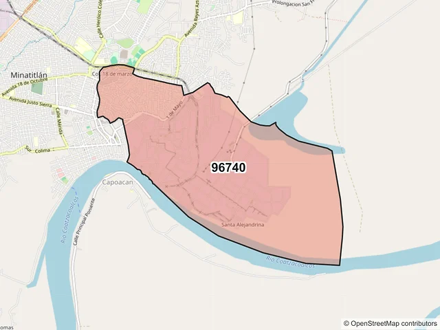 Mapa del código postal 96740, Minatitlán, Veracruz de Ignacio de la Llave