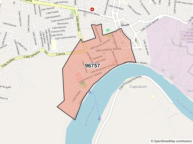 Mapa del código postal 96757, Minatitlán, Veracruz de Ignacio de la Llave