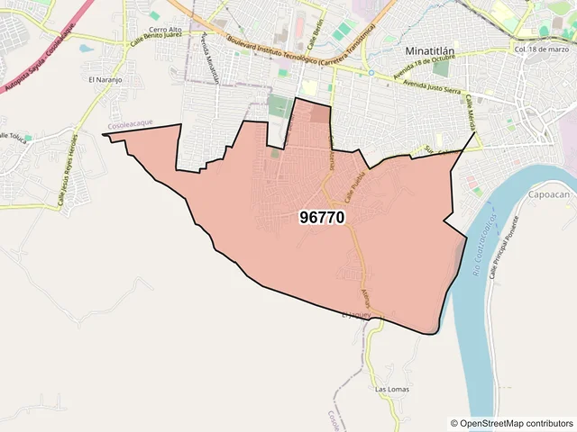 Mapa del código postal 96770, Minatitlán, Veracruz de Ignacio de la Llave