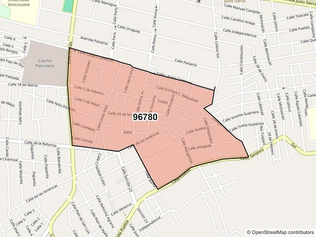 Mapa del código postal 96780, Minatitlán, Veracruz de Ignacio de la Llave