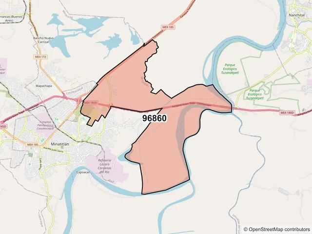 Mapa del código postal 96860, Minatitlán, Veracruz de Ignacio de la Llave