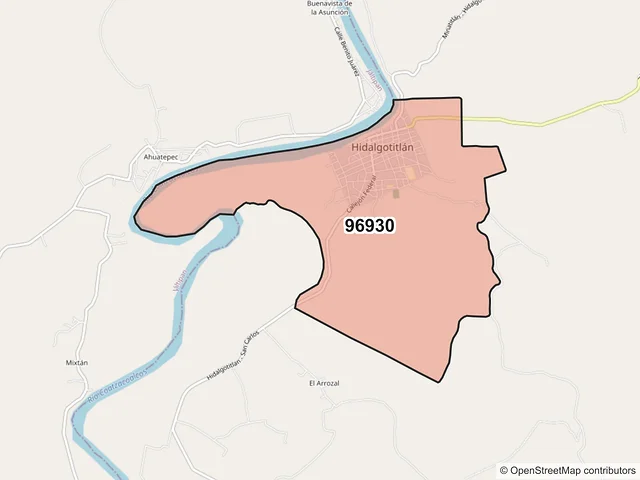 Mapa del código postal 96930, Hidalgotitlán, Veracruz de Ignacio de la Llave