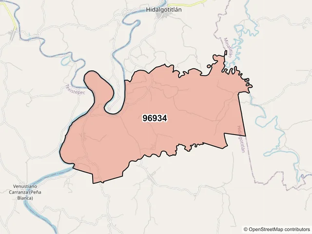 Mapa del código postal 96934, Hidalgotitlán, Veracruz de Ignacio de la Llave
