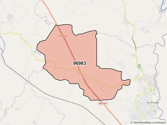 Mapa del código postal 96983, Las Choapas, Veracruz de Ignacio de la Llave