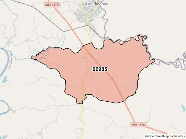Mapa del código postal 96985, Las Choapas, Veracruz de Ignacio de la Llave
