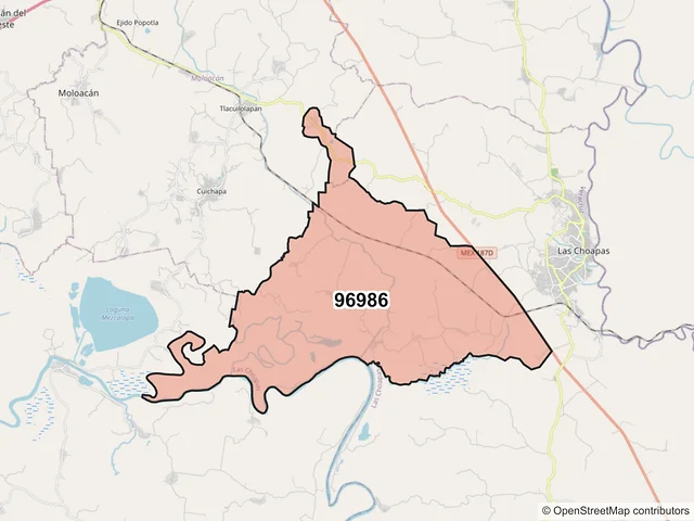 Mapa del código postal 96986, Las Choapas, Veracruz de Ignacio de la Llave