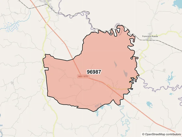 Mapa del código postal 96987, Las Choapas, Veracruz de Ignacio de la Llave