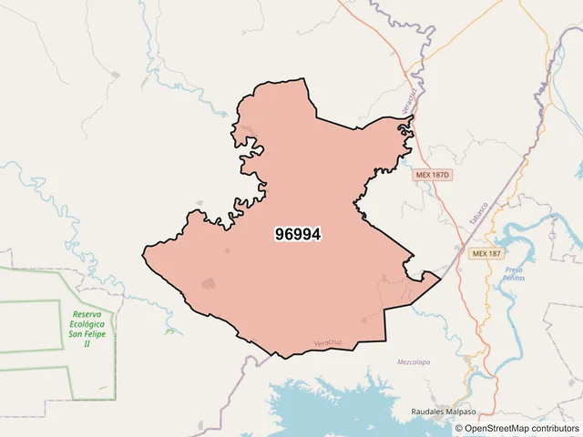 Mapa del código postal 96994, Las Choapas, Veracruz de Ignacio de la Llave