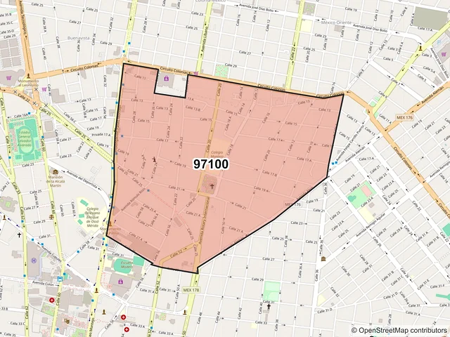 Mapa del código postal 97100, Mérida, Yucatán