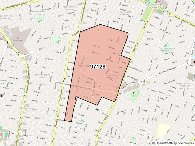 Mapa del código postal 97128, Mérida, Yucatán