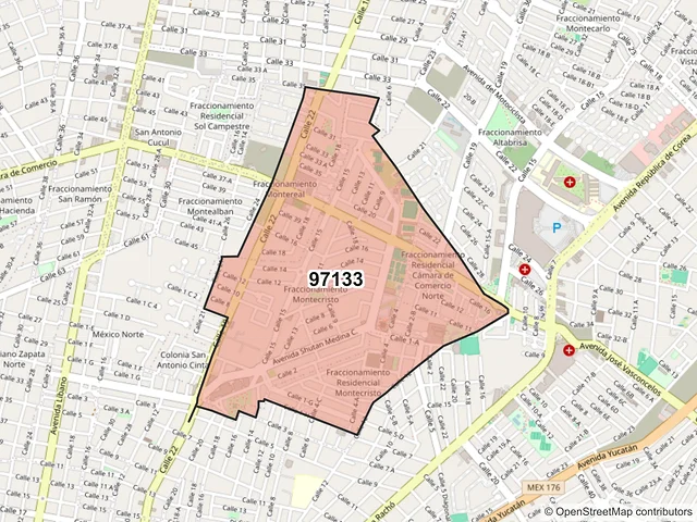 Mapa del código postal 97133, Mérida, Yucatán