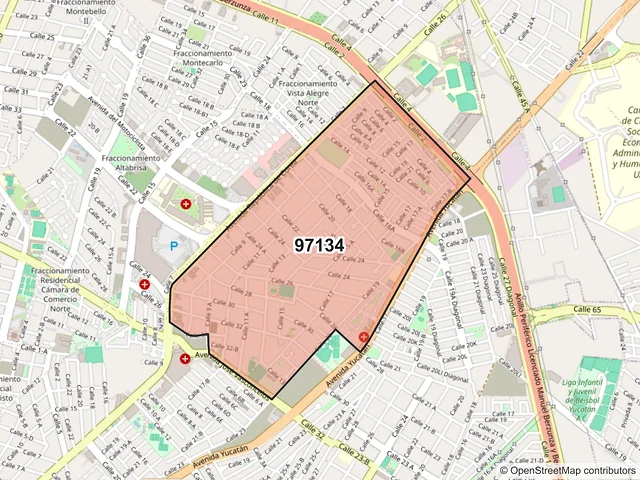 Mapa del código postal 97134, Mérida, Yucatán