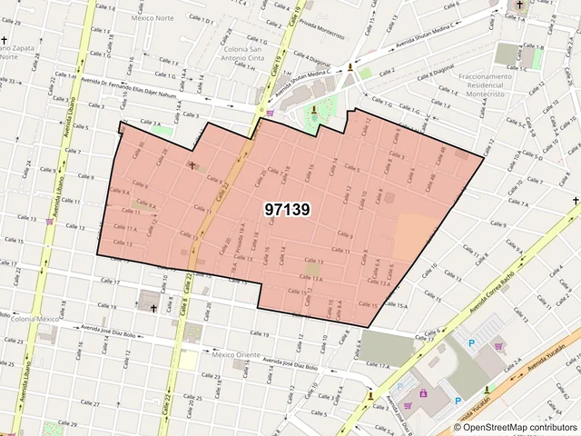 Mapa del código postal 97139, Mérida, Yucatán