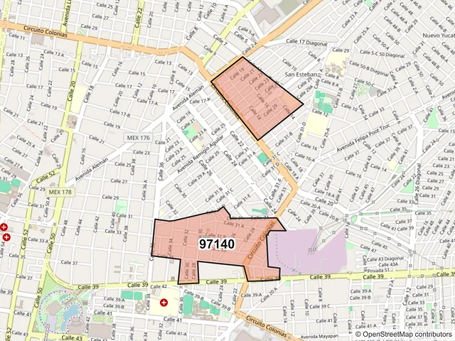 Mapa del código postal 97140, Mérida, Yucatán