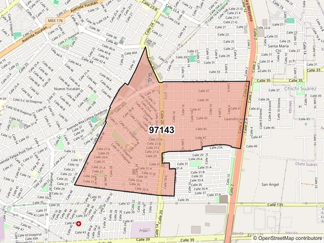 Mapa del código postal 97143, Mérida, Yucatán