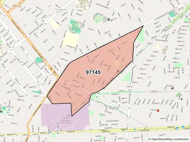 Mapa del código postal 97145, Mérida, Yucatán