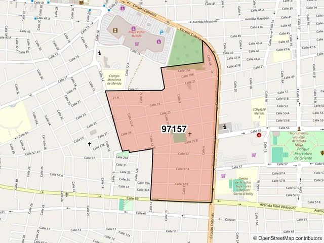 Mapa del código postal 97157, Mérida, Yucatán