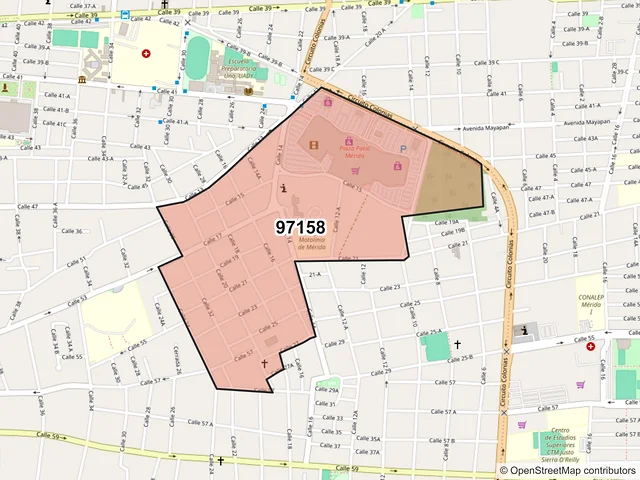 Mapa del código postal 97158, Mérida, Yucatán
