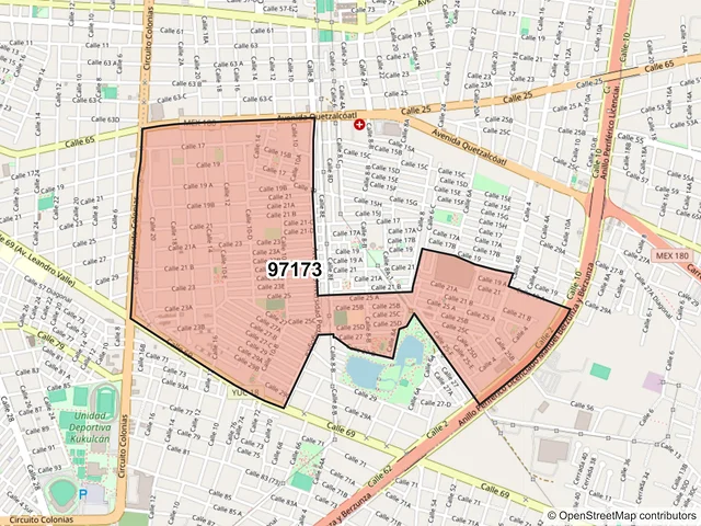 Mapa del código postal 97173, Mérida, Yucatán