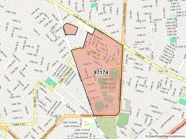 Mapa del código postal 97174, Mérida, Yucatán