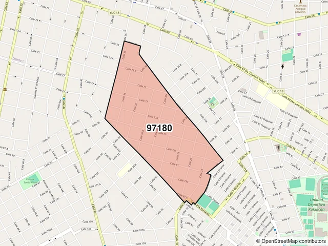 Mapa del código postal 97180, Mérida, Yucatán