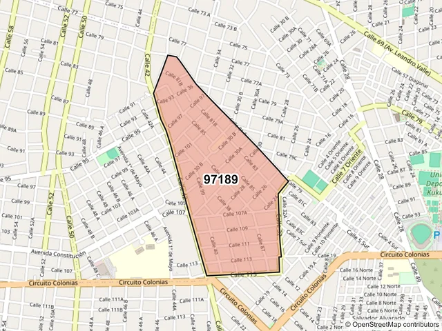 Mapa del código postal 97189, Mérida, Yucatán