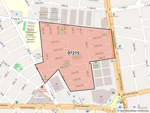 Mapa del código postal 97215, Mérida, Yucatán