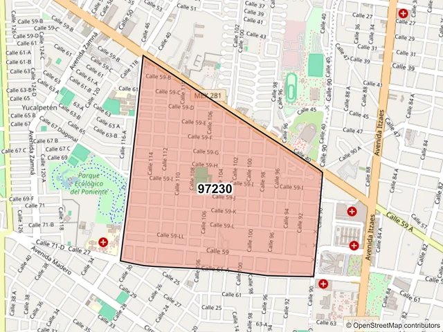Mapa del código postal 97230, Mérida, Yucatán