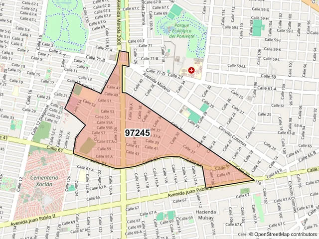 Mapa del código postal 97245, Mérida, Yucatán