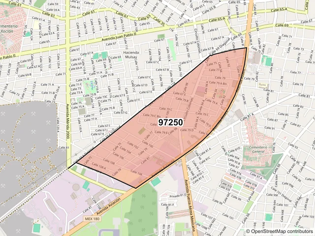 Mapa del código postal 97250, Mérida, Yucatán