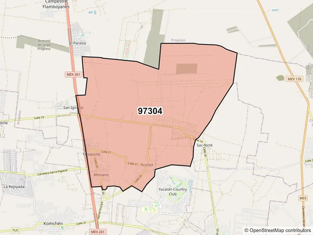 Mapa del código postal 97304, Mérida, Yucatán