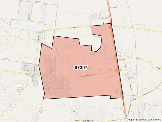 Mapa del código postal 97307, Mérida, Yucatán