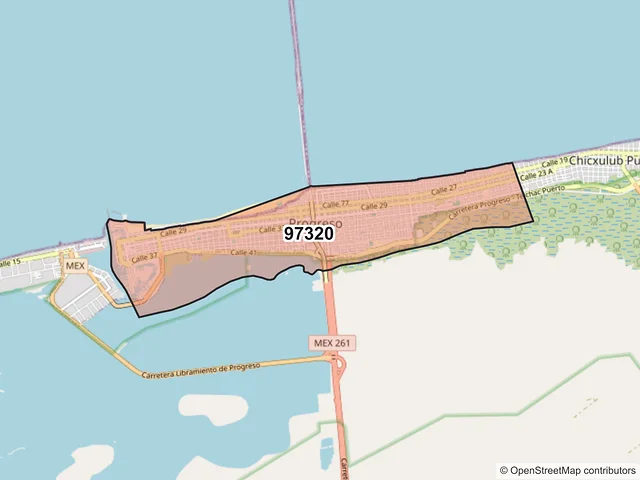 Mapa del código postal 97320, Progreso, Yucatán